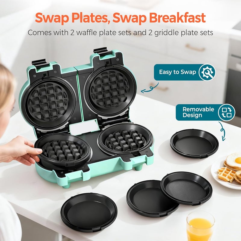 CACHOO 2-in-1 Double Waffle & Pancake Maker - Mini 4" Nonstick Waffle Iron & Small Round Griddle with 4 Removable Plate Sets, Dishwasher Safe, Perfect for Small Spaces, Apartments & Dorms, Aqua - Image 2